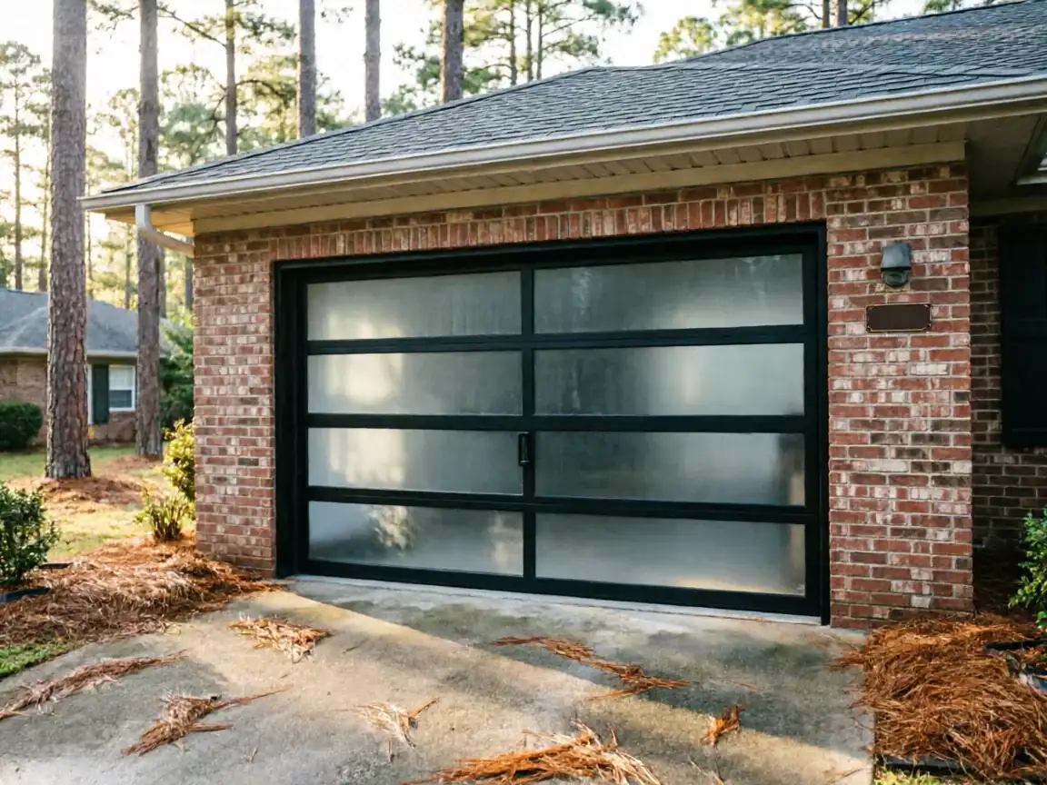 The garage door is black with four frosted glass panels on a brick house.