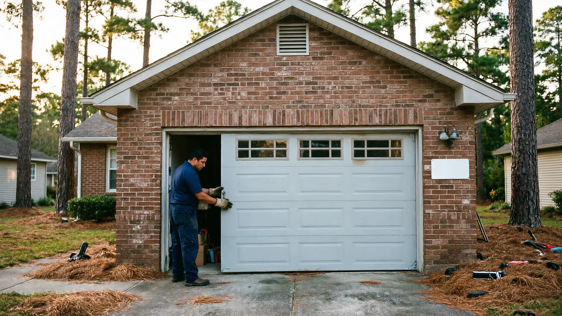 A technician in a blue shirt is working on a white garage door.