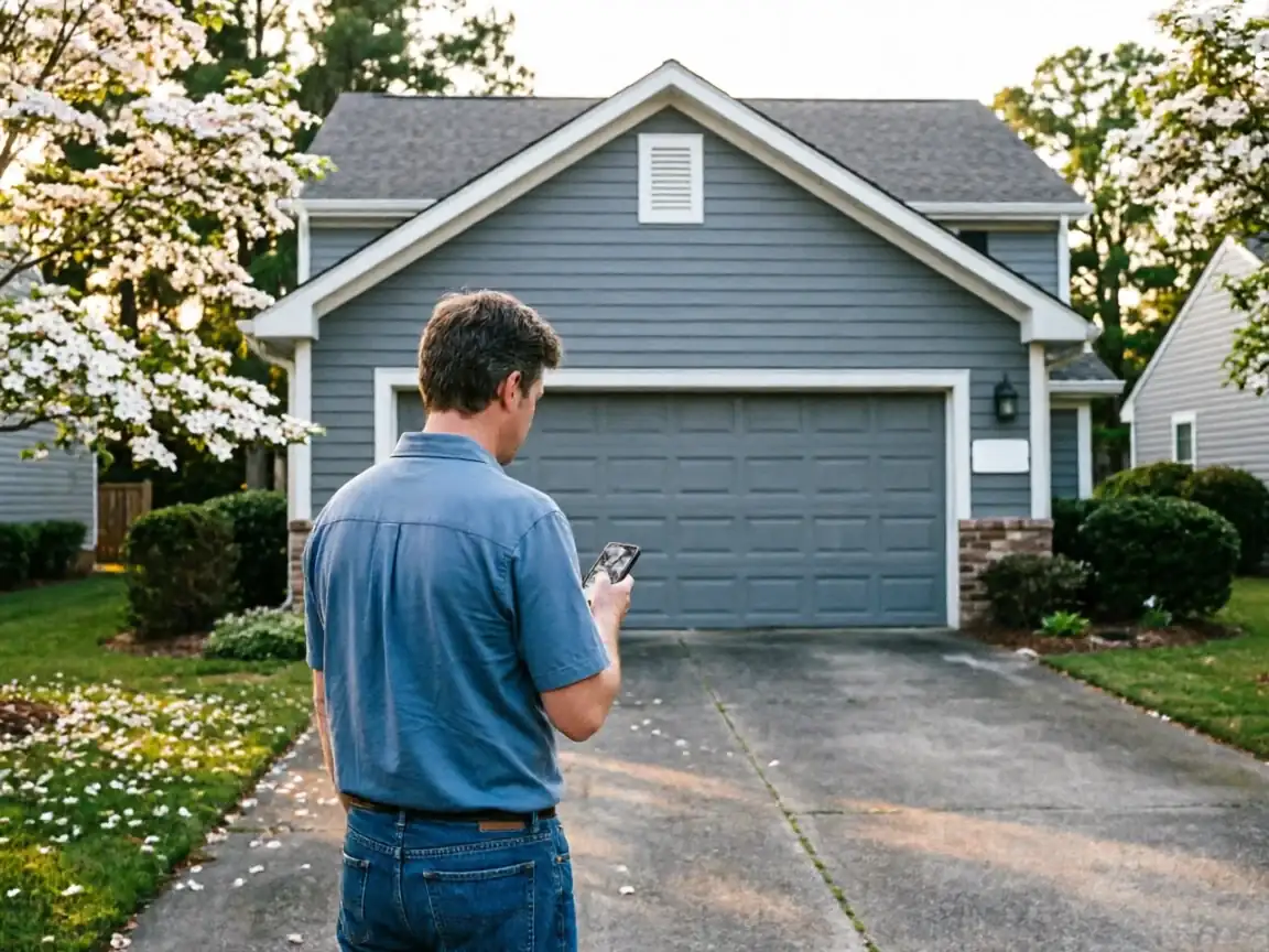 A man in a blue shirt stands in a driveway looking at his phone.