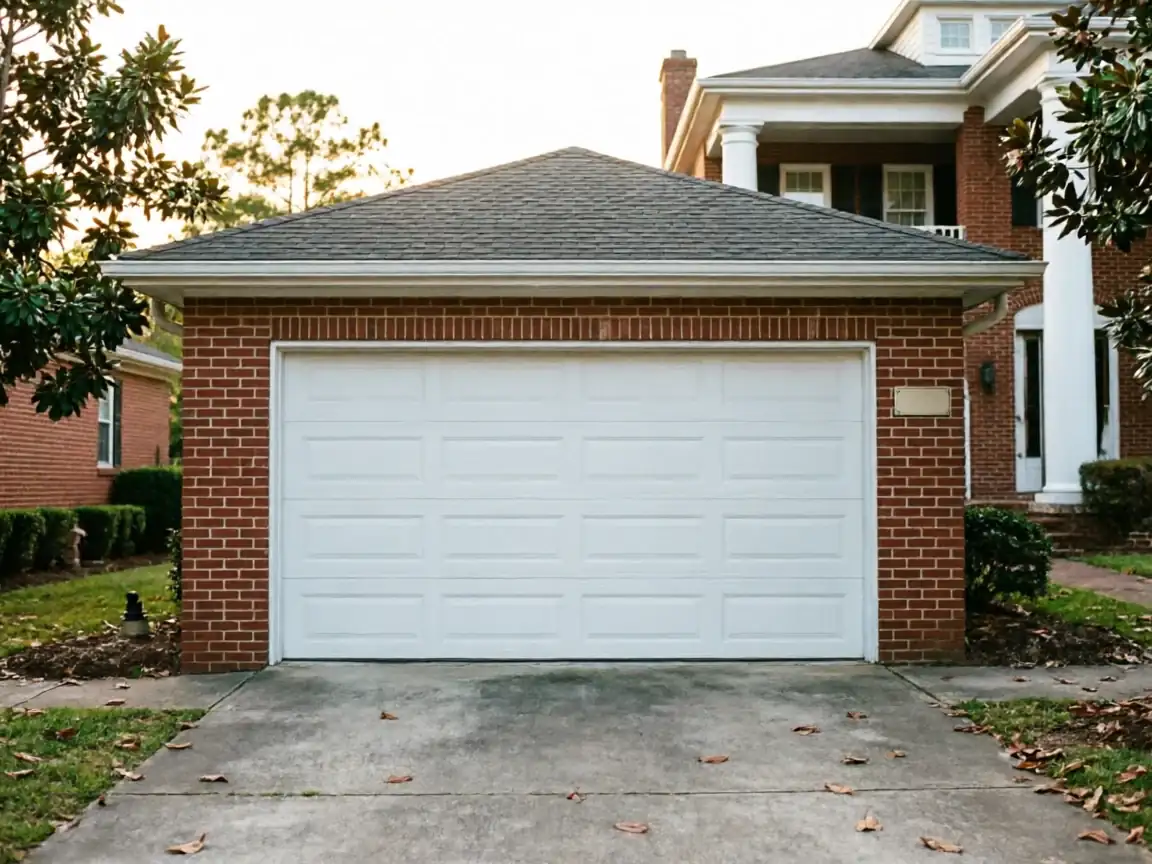 A white paneled garage door is on a brick house with a gray roof.